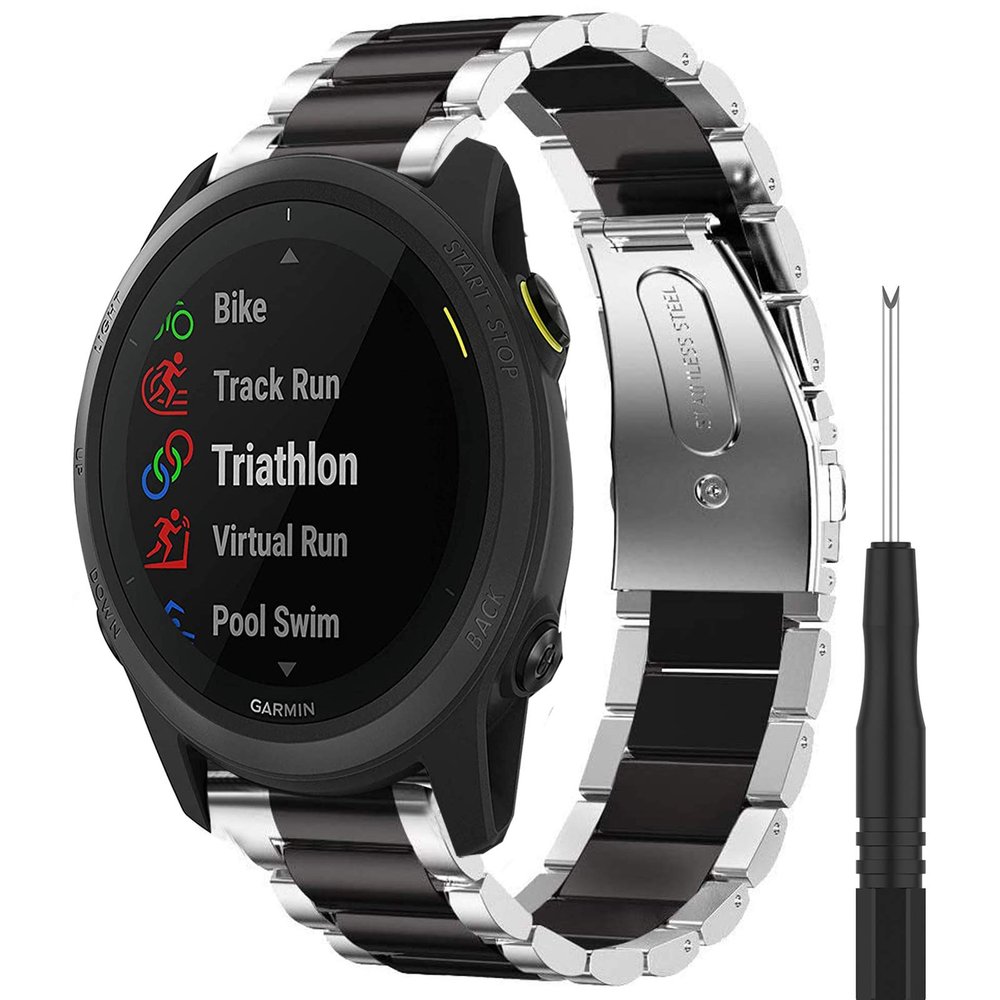 Compatible for Garmin Forerunner 745 Bands, YOUkei Stainless Steel Metal Replacemet Straps Compatible for Garmin Forerunner 745 Smartwatch (Silver-Black)