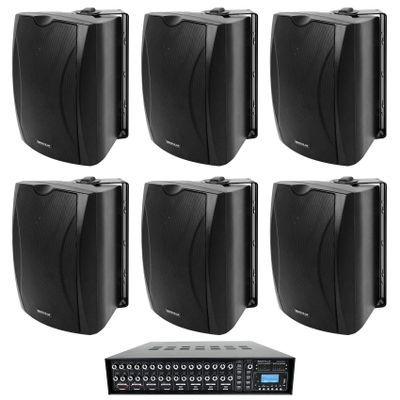 Rockville WET-5B Bundle: (6) WET-5B 5.25 in IPX55 Black 70V/8-Ohm Wall Speakers, 40W RMS @ 8 Ohm, Rock Matrix 4 Zone 70V Commercial Amplifier with Matrix Source Routing, 7-Items