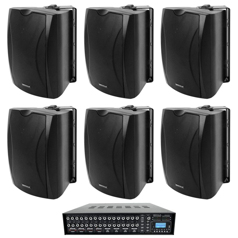 Rockville WET-5B Bundle: (6) WET-5B 5.25 in IPX55 Black 70V/8-Ohm Wall Speakers, 40W RMS @ 8 Ohm, Rock Matrix 4 Zone 70V Commercial Amplifier with Matrix Source Routing, 7-Items