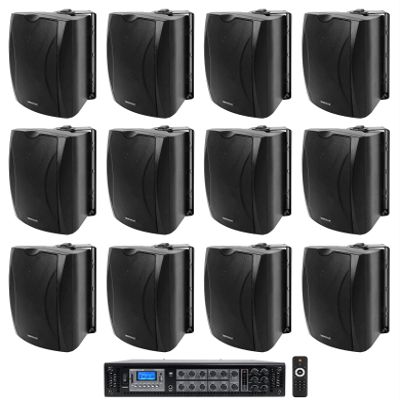 Rockville RCS350-6 Bundle: 350 Watt 6 Zone 70V Commercial/Restaurant Amplifier, (12) WET-5B 70V 5.25 in IPX55 Indoor/Outdoor Wall Speakers, Bluetooth, for Restaurants, Offices, Bars, Hotels, 13 Items