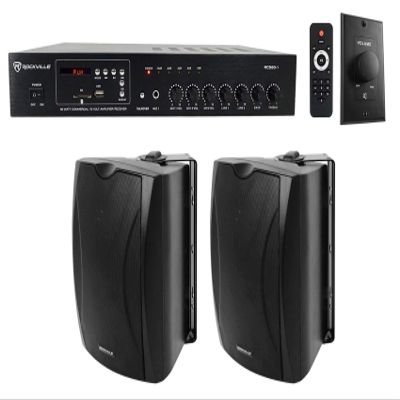 Rockville RCS80-1 Bundle: 60-Watt 70V Amplifier with Bluetooth Receiver, (2) WET-5B 5.25-in 8-Ohm 40-Watt RMS IPX55 Wall Speakers, VOL70100 100-Watt 70V Wall Volume Control, for Caf, 4-Items