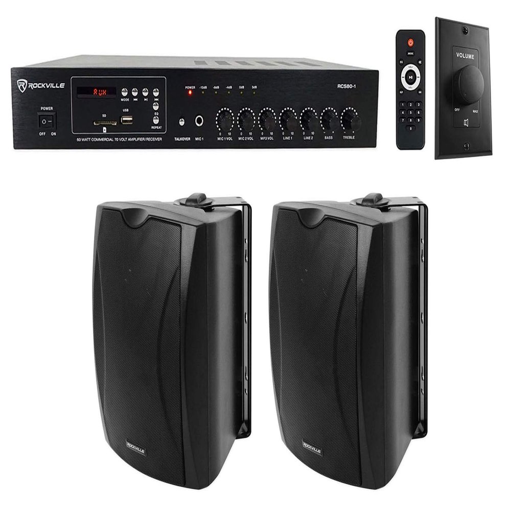 Rockville RCS80-1 Bundle: 60-Watt 70V Amplifier with Bluetooth Receiver, (2) WET-5B 5.25-in 8-Ohm 40-Watt RMS IPX55 Wall Speakers, VOL70100 100-Watt 70V Wall Volume Control, for Caf, 4-Items