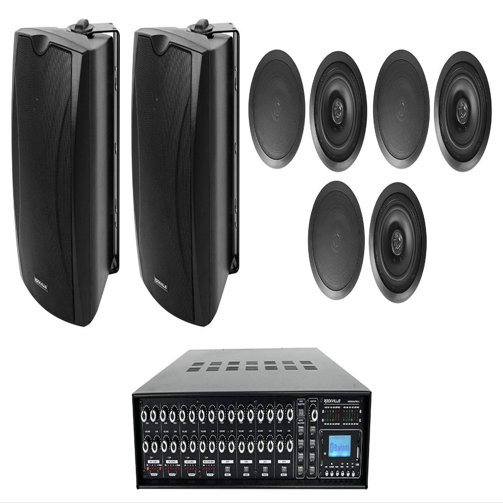 Rockville Rock Matrix 4 Bundle: 4-Zone Commercial Amplifier 70V, (3) Pairs HC655 6.5 in in-Ceiling Speakers, (2) WET-5B 70V Wall Speakers IPX55, 9 Items