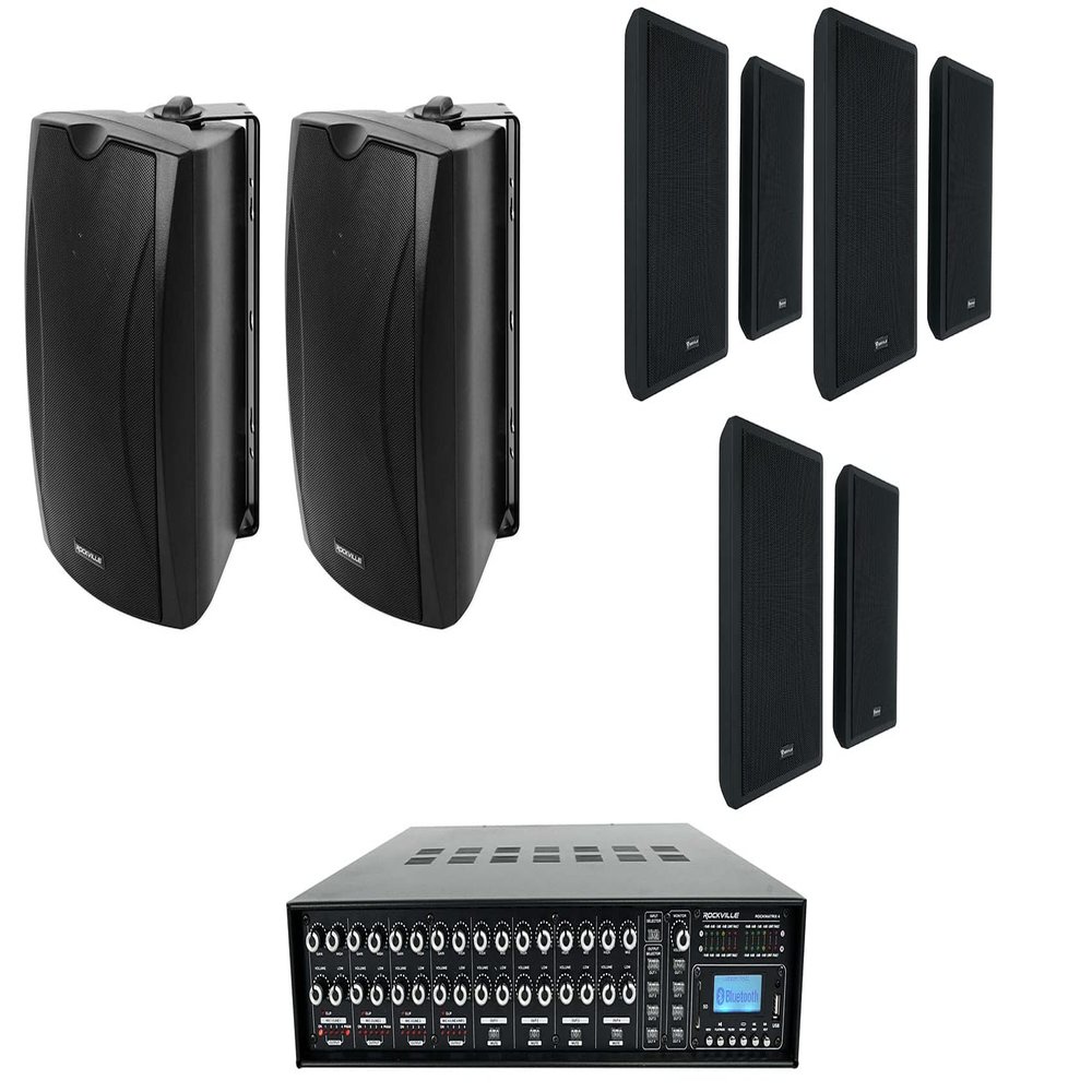 Rockville RockSlim Bundle: (6) 5.25" 240W Peak/80W RMS Per Pair Slim Wall Speakers, (2) WET-5B 5.25" IPX55 70V Wall Speakers, Rock Matrix 4 Zone 70V Commercial Amplifier, 9-Items