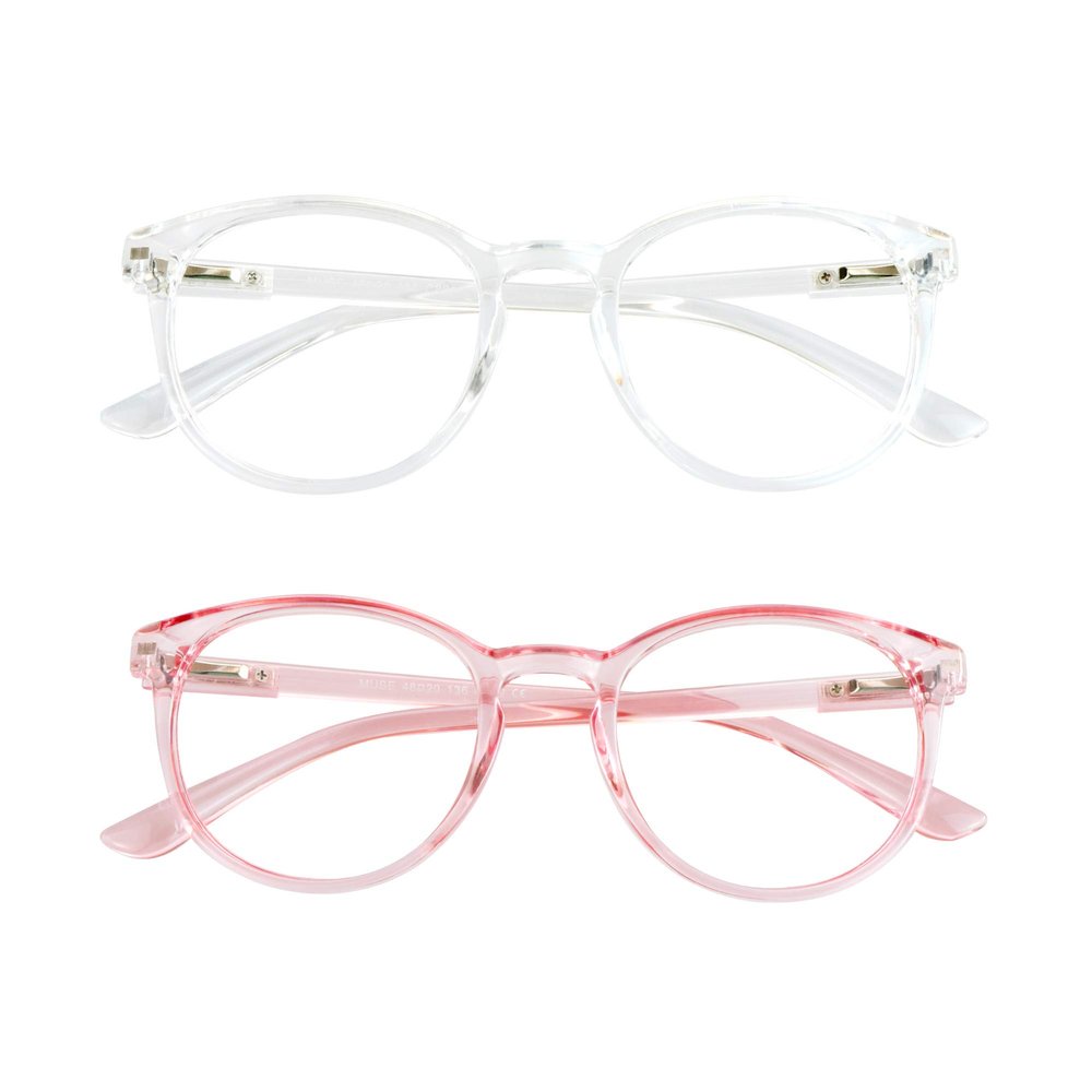VisionGlobal Blue Light Blocking Glasses, 2 Pack Computer Reading Glasses for Anti EyestrainStylish Oval Frame, Anti Glare(Clear + Clear Pink, 1.00 Magnification)