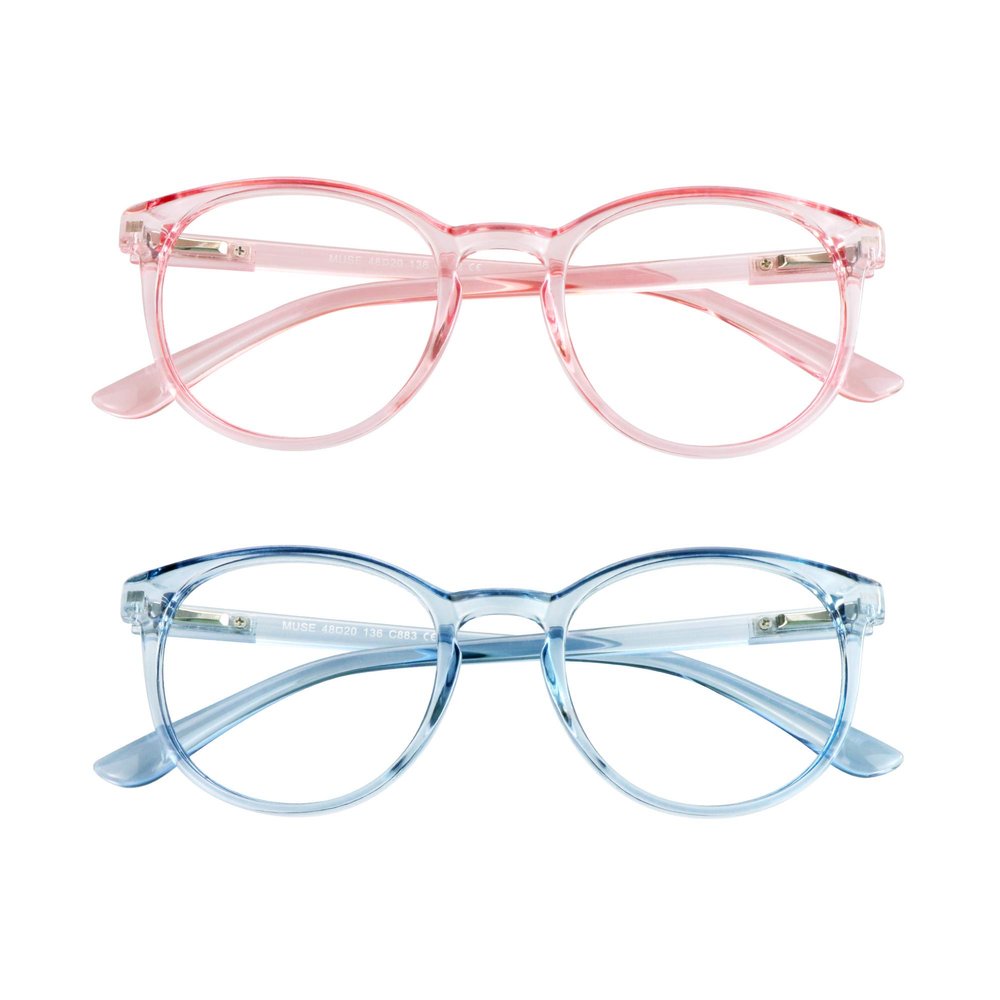 VisionGlobal Blue Light Blocking Glasses, 2 Pack Computer Reading Glasses for Anti EyestrainStylish Oval Frame, Anti Glare(Clear Pink + Clear Blue, 2.50 Magnification)