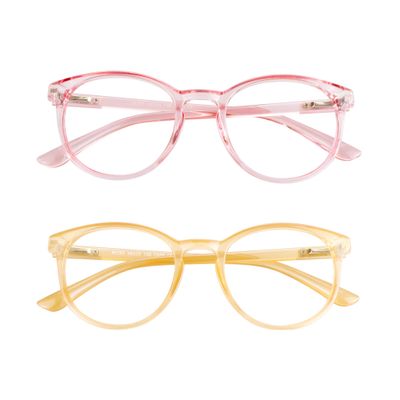 VisionGlobal Blue Light Blocking Glasses, 2 Pack Computer Reading Glasses for Anti EyestrainStylish Oval Frame, Anti Glare(Clear Pink + Champagne, 1.00 Magnification)