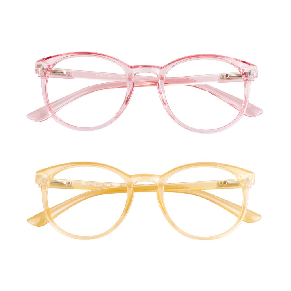 VisionGlobal Blue Light Blocking Glasses, 2 Pack Computer Reading Glasses for Anti EyestrainStylish Oval Frame, Anti Glare(Clear Pink + Champagne, 1.00 Magnification)
