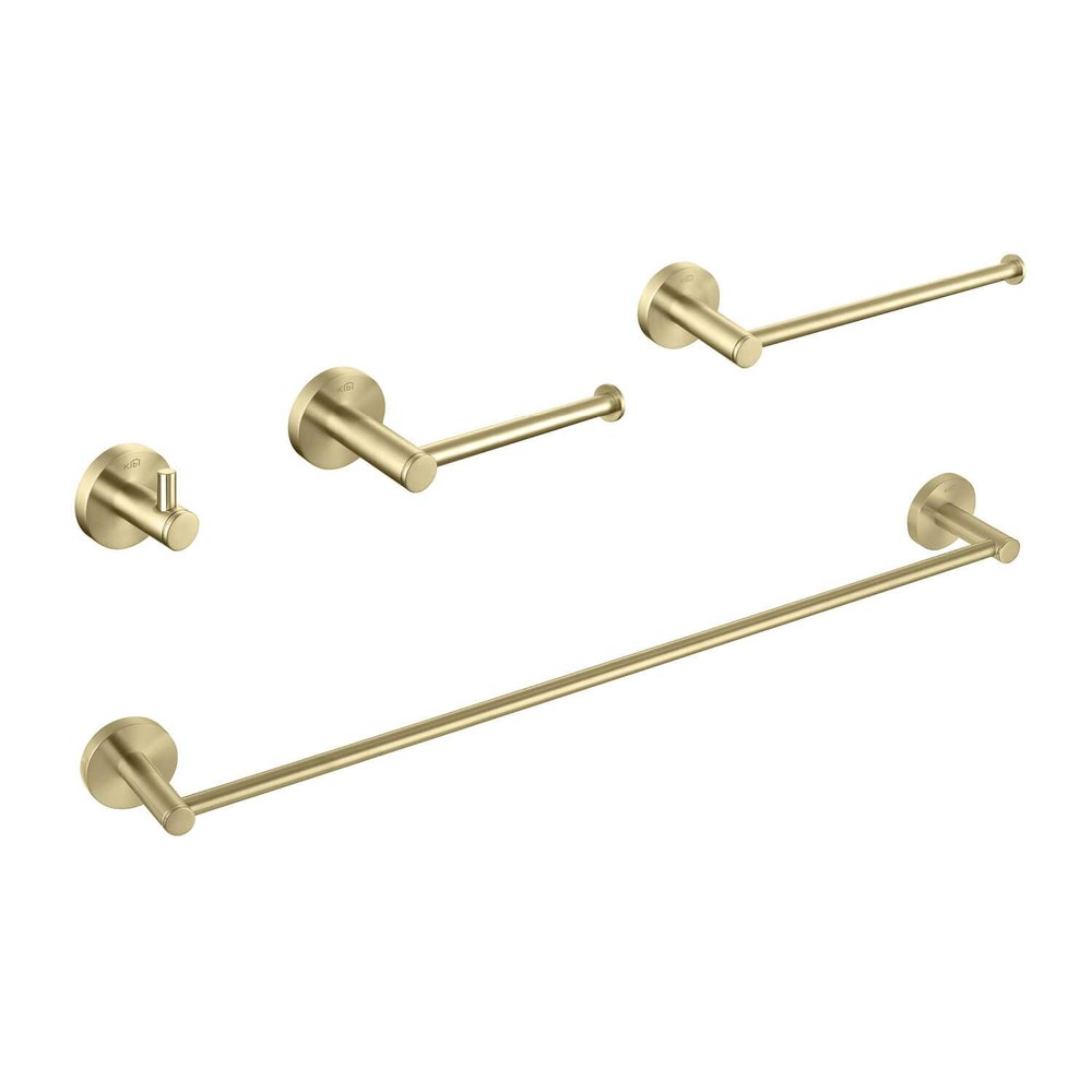 KIBI Circular 4-Piece Brushed Gold Bathroom Hardware Set | Includes Towel Bar, Towel Ring, Toilet Paper Holder, and Robe Hook | Durable Solid Brass Construction and Rust-Resistant (C-KBA14-4)
