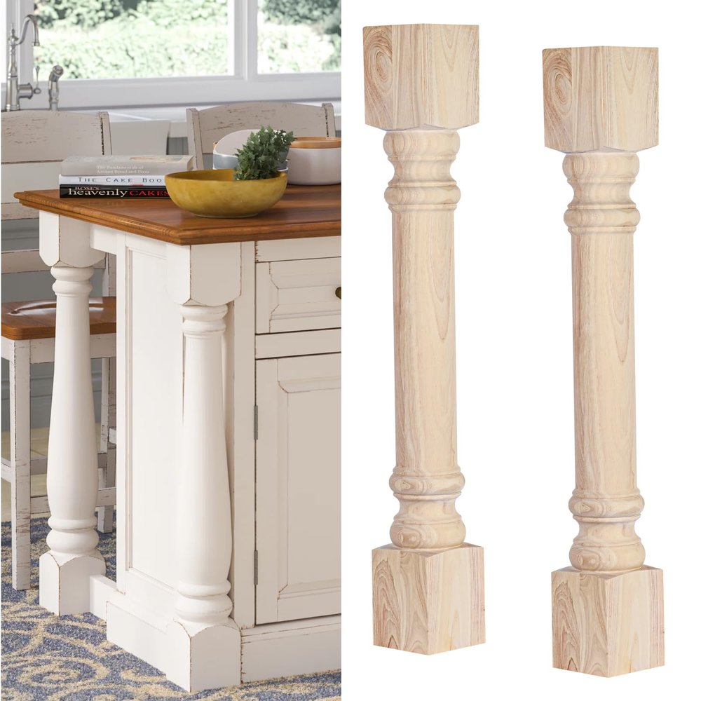 Btowin 35 1/2-inch H 5-inch W 5-inch D Wooden Kitchen Island Legs, 2Pcs Wood Carved Traditional Cabinet Columns, Unfinished Massive Replacement Feet for Large Dining Table Kitchen Counter Vanities