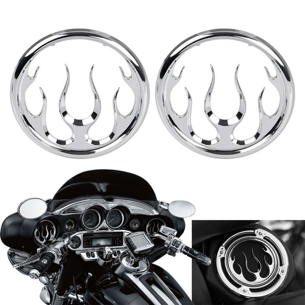 BID4ZE 2 Pcs Cover and Protect Your Speakers Flames Speaker Grills Accent Trim for Harley Touring Electra Glide Ultra Classic FLHTCU 2006-2013,Chrome
