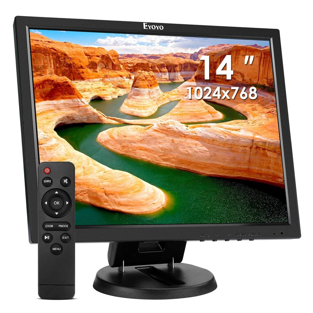 Eyoyo 14 Inch LCD HDMI Monitor 1024x768 Small VGA Display Monitor for Security Cameras with HDMI/VGA/AV/BNC Input, Built-in Speakers and Remote