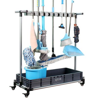 QTJH broom and mop holder put wet mops movable Commercial mop rack cleaning tool cart storage for garden garage organizer mop drain rack