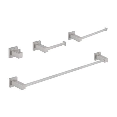 KIBI Cube 4-Piece Brushed Nickel Bathroom Hardware Set | Solid Brass Wall Mount Tissue Paper Holder and Towel Ring Set | Includes Towel Bar, Towel Ring, Toilet Paper Holder, and Robe Hook (C-KBA15-4)