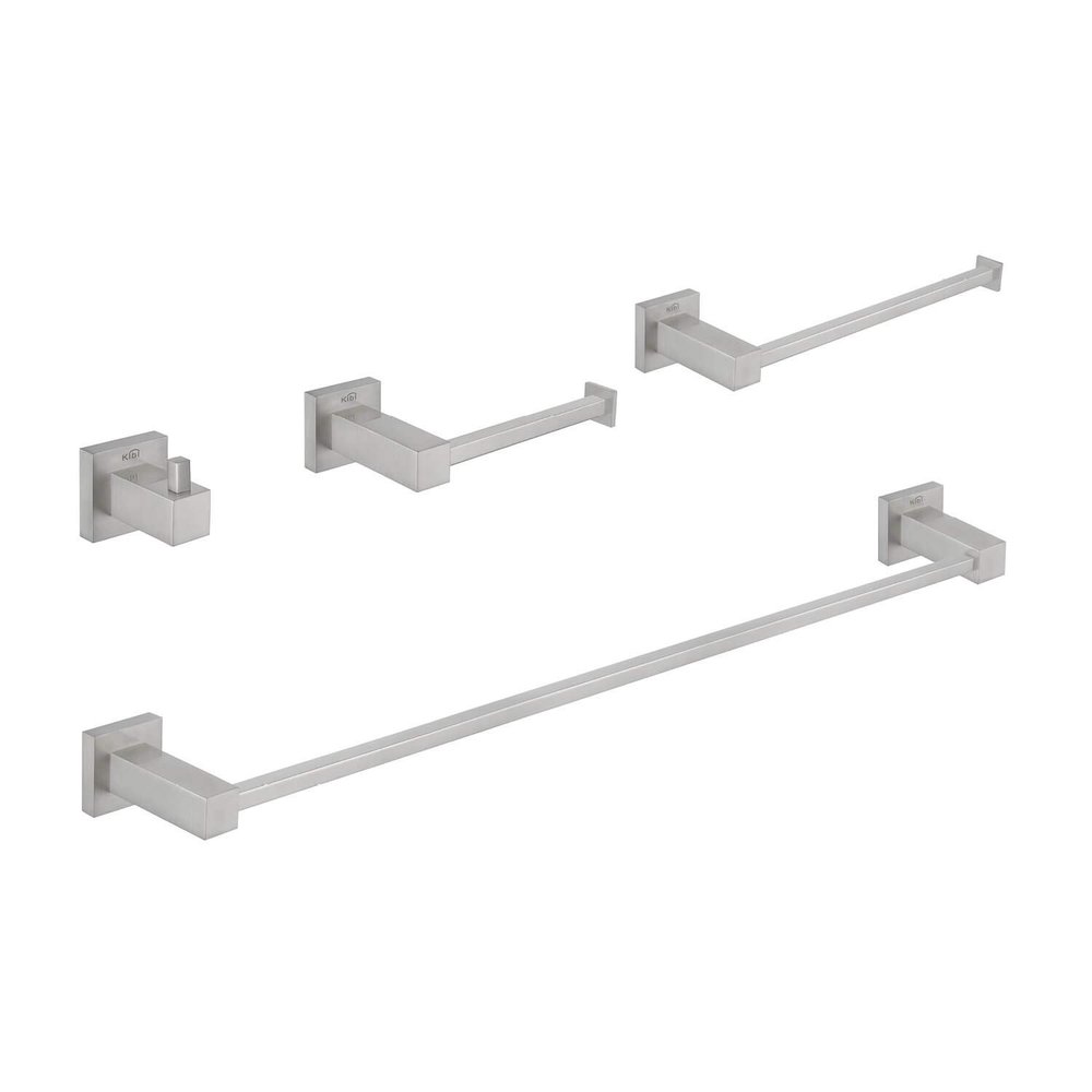 KIBI Cube 4-Piece Brushed Nickel Bathroom Hardware Set | Solid Brass Wall Mount Tissue Paper Holder and Towel Ring Set | Includes Towel Bar, Towel Ring, Toilet Paper Holder, and Robe Hook (C-KBA15-4)