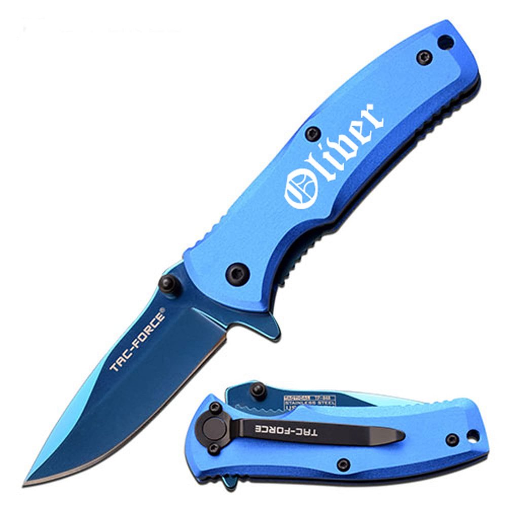 GIFTS INFINITY Custom Engraved Pocket Knife Titanium Coated, 3CR13 Stainless Steel Blade, 2.75", Blue Handle with Pocket Clip Personalized Gift for Outdoors, Groomsmen, Everyday Use