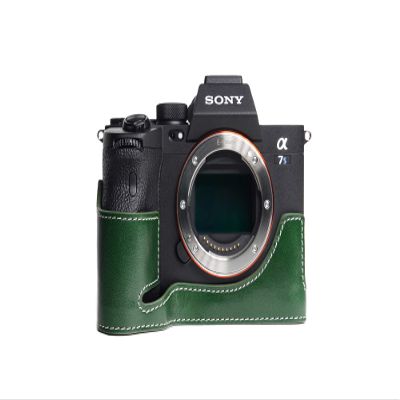 A7S III Camera Case, BolinUS Handmade Genuine Real Leather Half Camera Case Bag Cover for Sony Alpha 7S A7S III A7S3 A7SM3 Camera Bottom Opening Version + Hand Strap (Green)