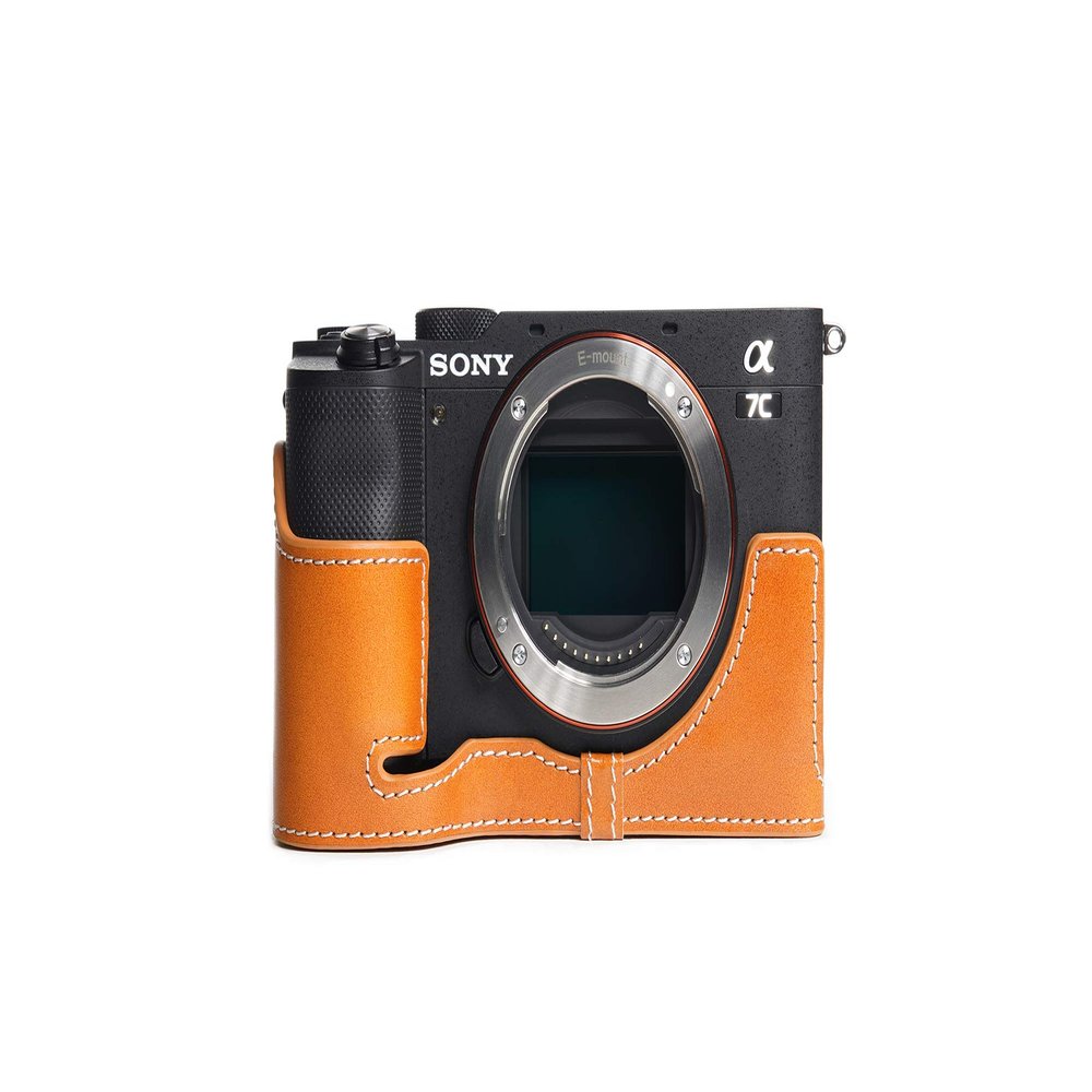 A7C Camera Case, BolinUS Handmade Genuine Real Leather Half Camera Case Bag Cover for Sony Alpha 7C A7C Camera Bottom Opening Version + Hand Strap (Yellow)