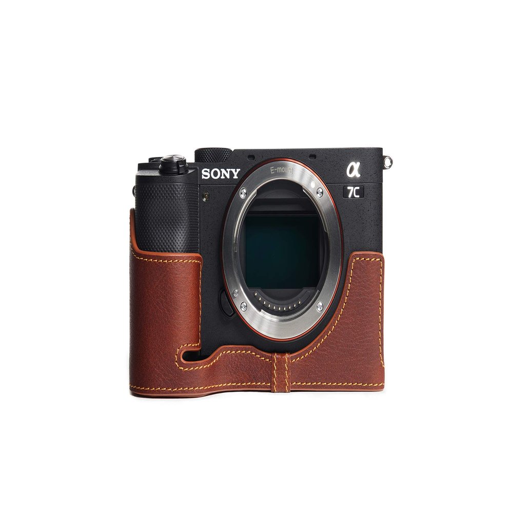 A7C Camera Case, BolinUS Handmade Genuine Real Leather Half Camera Case Bag Cover for Sony Alpha 7C A7C Camera Bottom Opening Version + Hand Strap (LavaBrown)