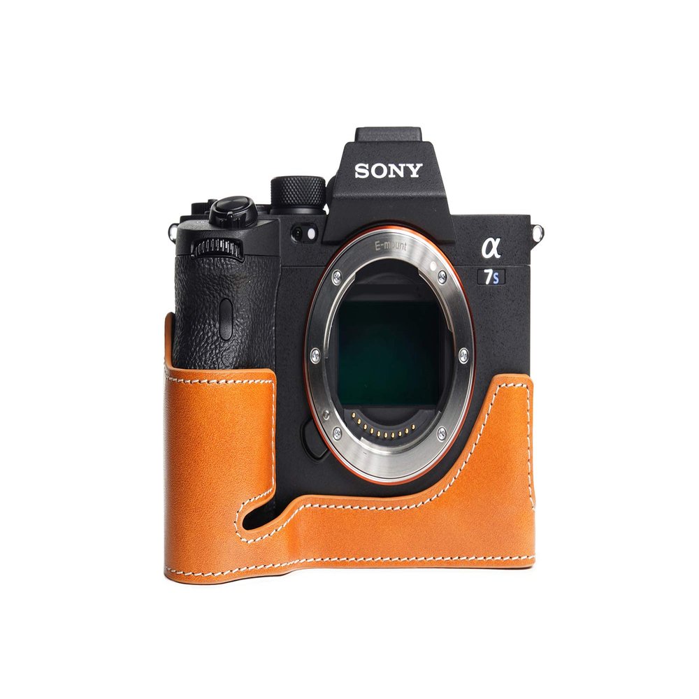 A7S III Camera Case, BolinUS Handmade Genuine Real Leather Half Camera Case Bag Cover for Sony Alpha 7S A7S III A7S3 A7SM3 Camera Bottom Opening Version + Hand Strap (Yellow)