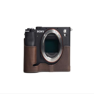 A7C Camera Case, BolinUS Handmade Genuine Real Leather Half Camera Case Bag Cover for Sony Alpha 7C A7C Camera Bottom Opening Version + Hand Strap (Coffee)