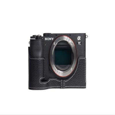 A7C Camera Case, BolinUS Handmade Genuine Real Leather Half Camera Case Bag Cover for Sony Alpha 7C A7C Camera Bottom Opening Version + Hand Strap (Black)