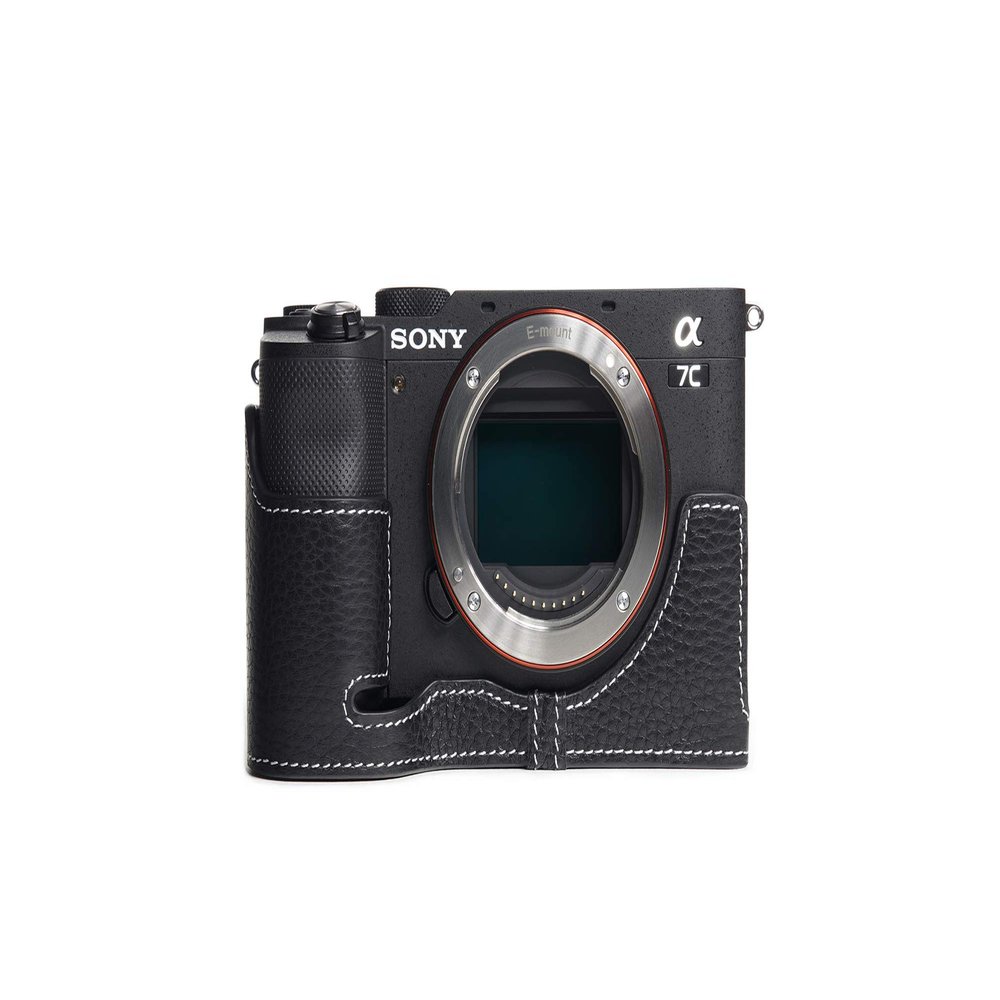 A7C Camera Case, BolinUS Handmade Genuine Real Leather Half Camera Case Bag Cover for Sony Alpha 7C A7C Camera Bottom Opening Version + Hand Strap (Black)