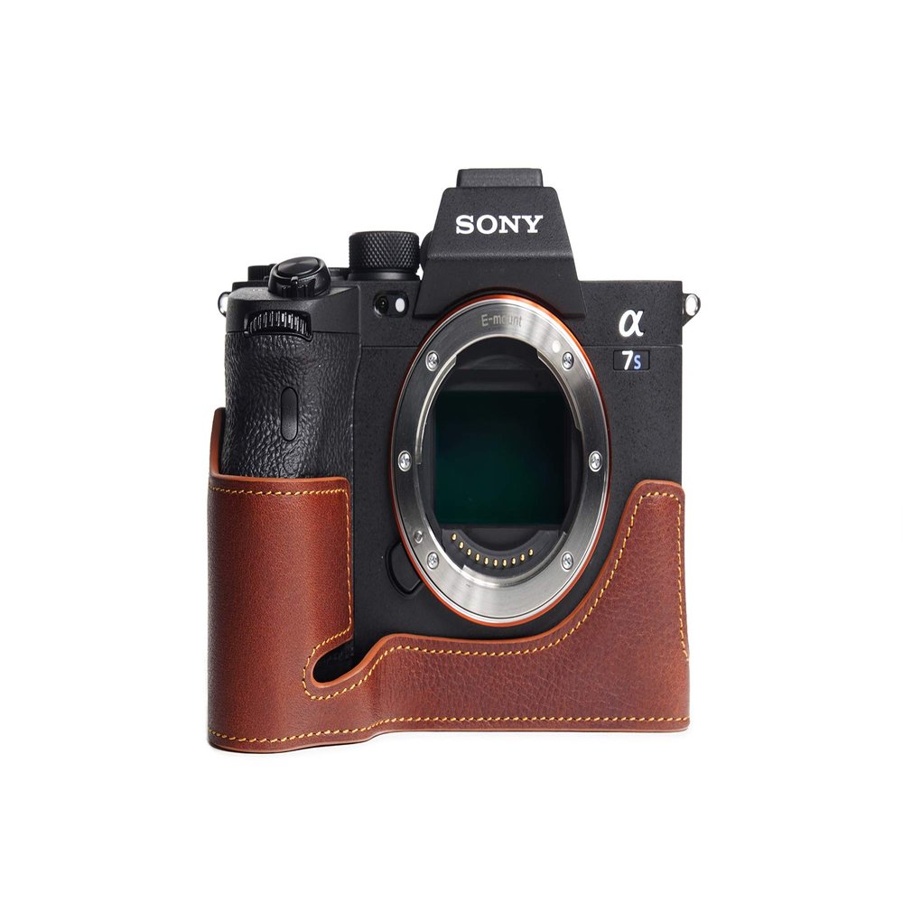 A7S III Camera Case, BolinUS Handmade Genuine Real Leather Half Camera Case Bag Cover for Sony Alpha 7S A7S III A7S3 A7SM3 Camera Bottom Opening Version + Hand Strap (LavaBrown)