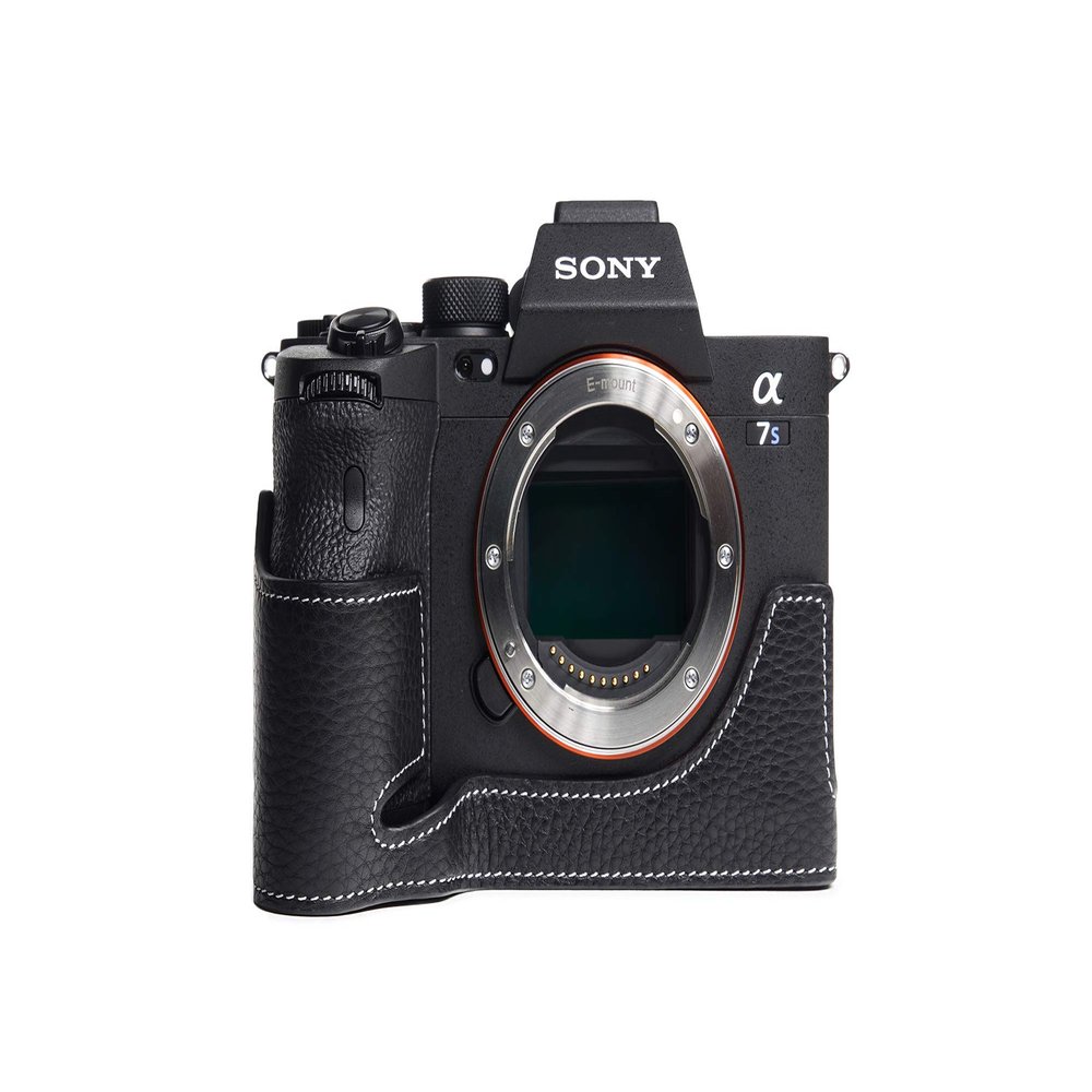 A7S III Camera Case, BolinUS Handmade Genuine Real Leather Half Camera Case Bag Cover for Sony Alpha 7S A7S III A7S3 A7SM3 Camera Bottom Opening Version + Hand Strap (Black)