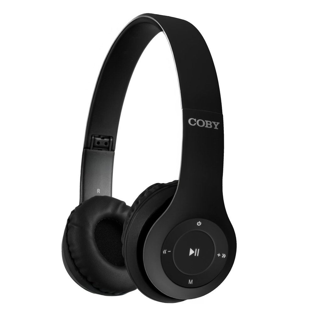Coby Bluetooth Headphones, Rechargeable and Foldable Over-Ear Headset with Mic, TF Card Slot and AUX Input, Hands-Free Controls, 5-Hour Playback, Micro-USB Cable Included, Black