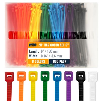ALBO Multi Colored Zip Ties 6 Inch 800 Pack 40 lb Neon Fastening Straps Thick 0.14 Inch UV Resistant Nylon Craft Accessories Durable Flexible Multipurpose Wire Management Organizing