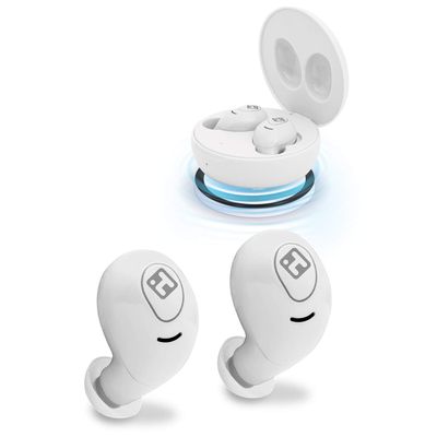 iHome Wireless Earbuds with Charging Case, Water Resistant Bluetooth Earphones with Microphone and Touch Control, White