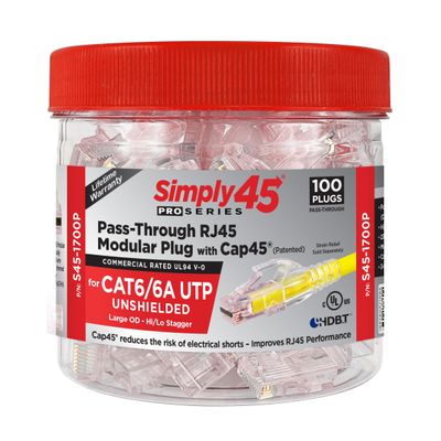 Simply45 ProSeries Cat6/6a RJ45 Pass Through Modular Plugs, 8P8C, 3-Prong 24ct Gold Plated Connector for 24AWG Solid UTP (Cat6 Ends / RJ45 Ends/Ethernet Plug), UL Listed, 100-Pack - S45-1700P