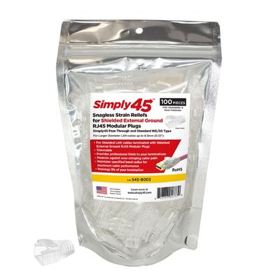 Simply45 8.5mm Strain Reliefs for Simply45 Shielded External Ground for Pass-Through and Standard RJ45 - 100-Pieces, Clear Tint, Resealable Bag - S45-B003