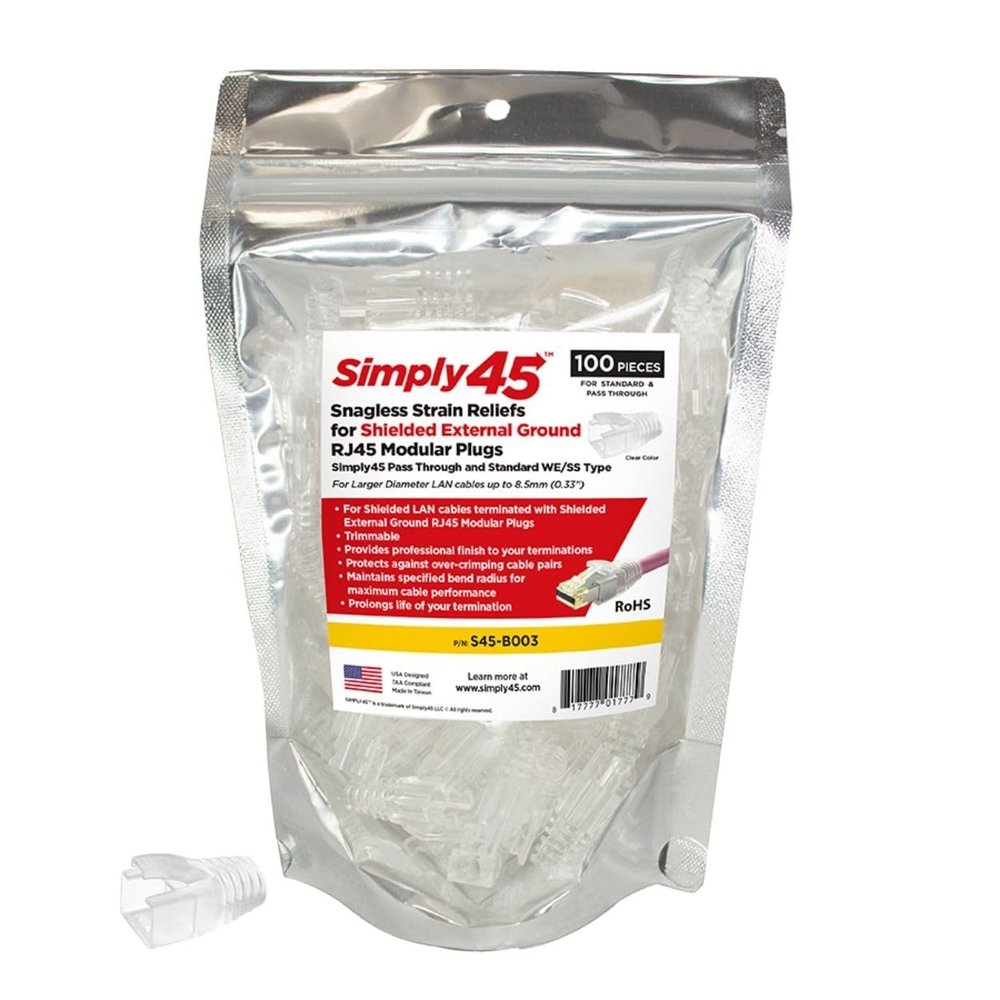 Simply45 8.5mm Strain Reliefs for Simply45 Shielded External Ground for Pass-Through and Standard RJ45 - 100-Pieces, Clear Tint, Resealable Bag - S45-B003