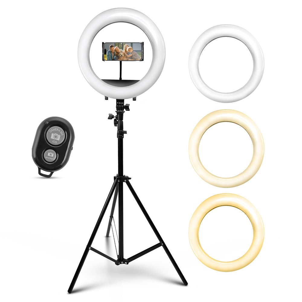 iDance LED Ring Light with Cell Phone Holder, 14", USB Powered with BT Wireless Remote Control and Foldable Adjustable Tripod Stand, Selfie, Makeup Ring Light with Universal iPad Mini Holder