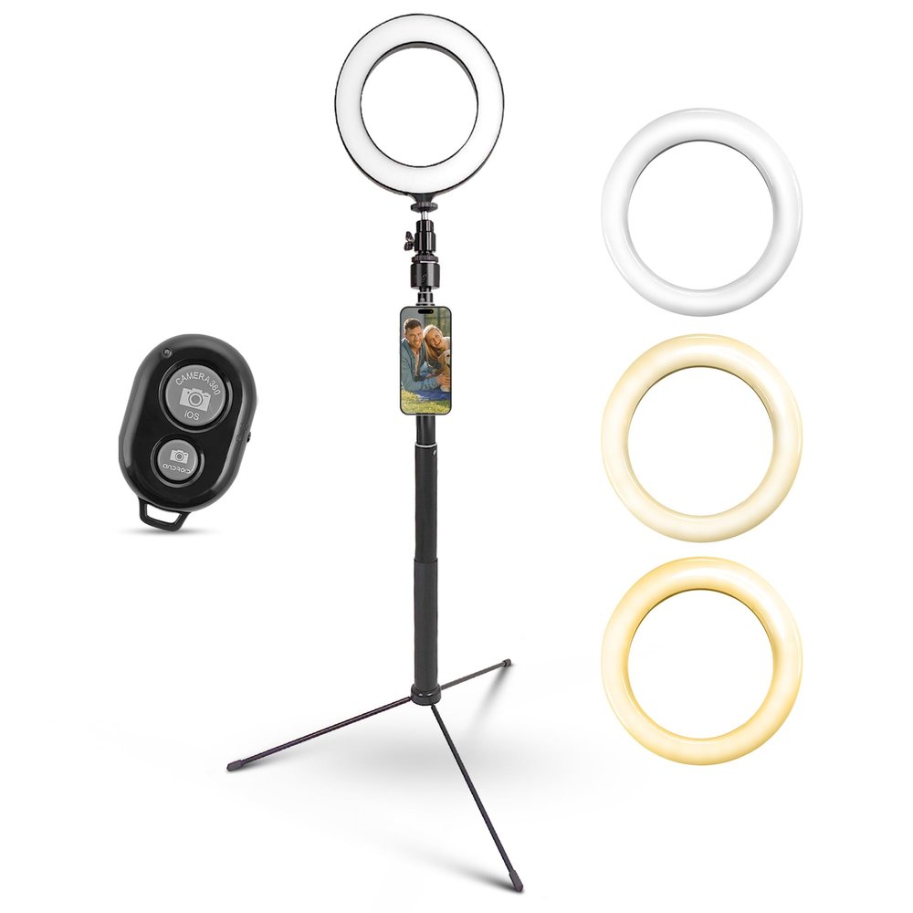 iDance LED Ring Light with Cell Phone Holder, 6", USB Powered with BT Wireless Remote Control and Foldable Adjustable Tripod Stand, Selfie, Makeup Ring Light