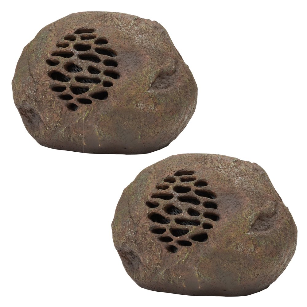 Alpine Corporation 9" Tall Solar Bluetooth Rock Speaker, Weather-Resistant High Fidelity Outdoor Audio System with 50 Foot Range, Brown - Set of 2