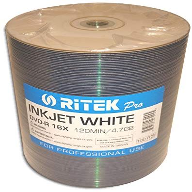100-Pak RITEK PRO 16X 4.7GB White Inkjet Hub Printable DVD-R's in Tapewrap