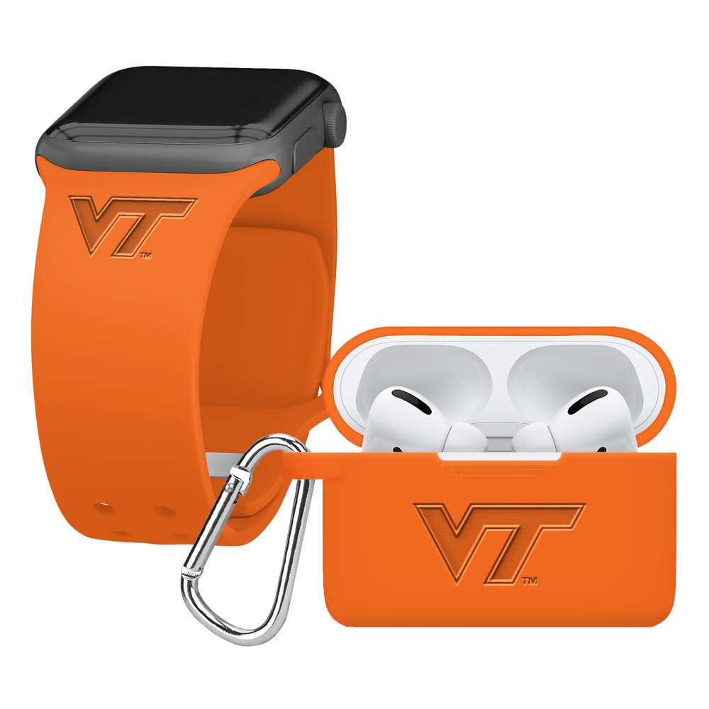 AFFINITY BANDS Virginia Tech Hokies Engraved Silicone Combo Package Compatible with Apple Watch and AirPods Pro (38/40/41mm (42mm Series 11) Orange)