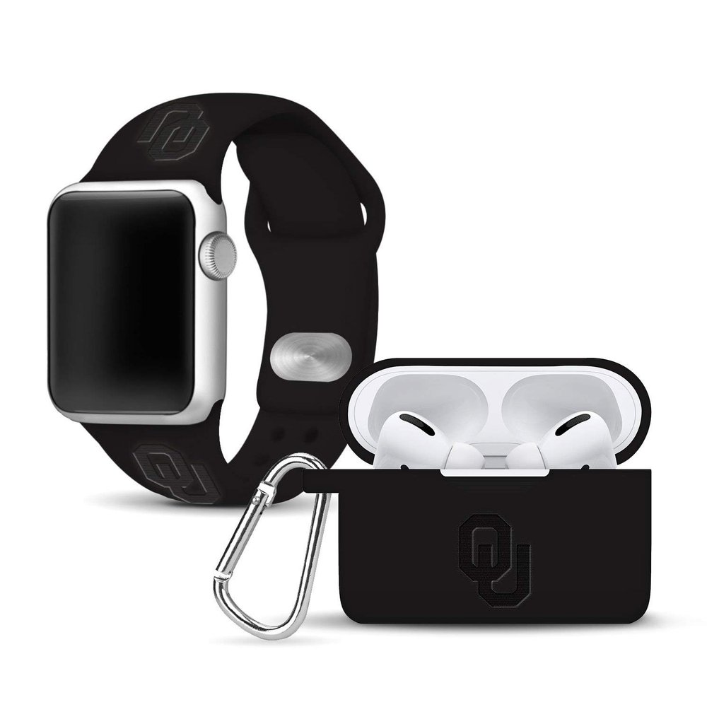 Affinity Bands Oklahoma Sooners Engraved Silicone Combo Package Compatible with Apple Watch and AirPods Pro (38/40/41mm (42mm Series 11) Black)