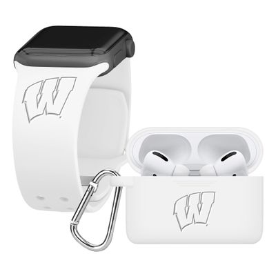 Affinity Bands Wisconsin Badgers Engraved Silicone Combo Package Compatible with Apple Watch and AirPods Pro (38/40/41mm (42mm Series 11) White)