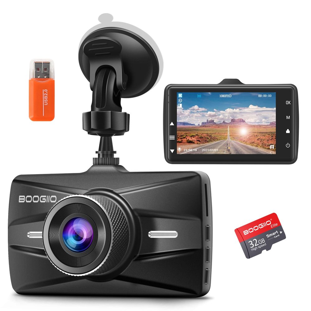 Dash Cam Front with 32G SD Card, BOOGIIO 1080P FHD Car Driving Recorder 3'' IPS Screen 170Wide Angle Dashboard Camera Aluminum Alloy Case, WDR G-Sensor Parking Monitor Loop Recording Motion Detection
