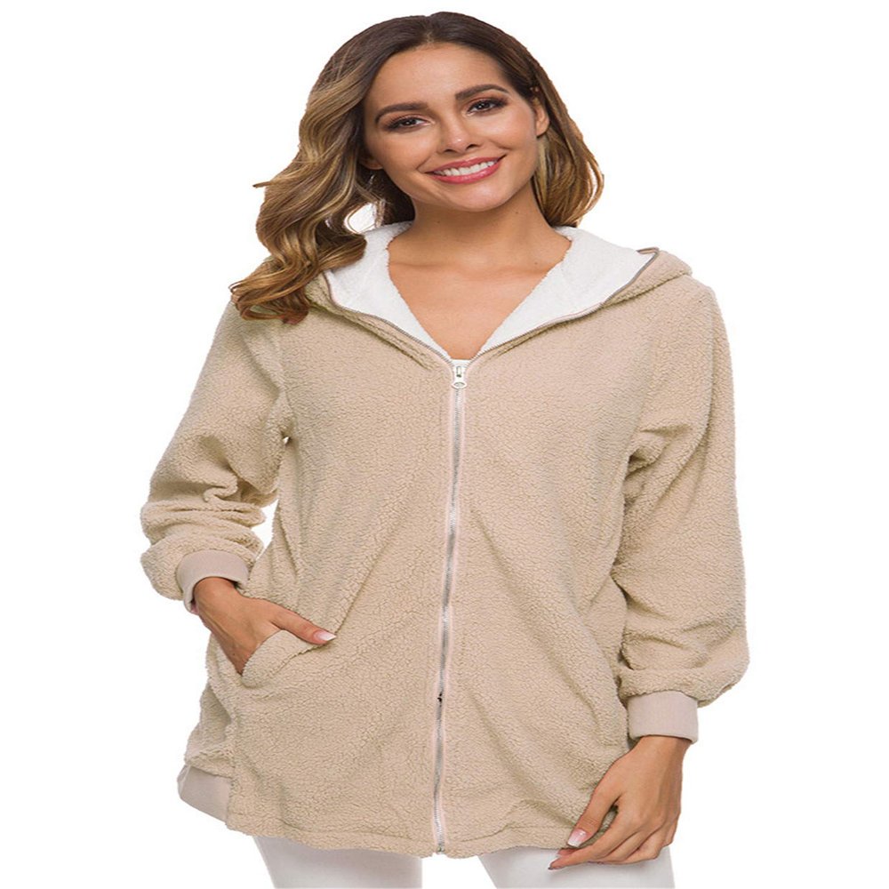 Andongnywell Women Plus Size Winter Warm Hoodie Coat Wool Zipper Cotton Outwear Lamb Wool Hooded Cardigan Jacket (Apricot,XXL)