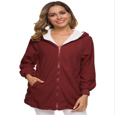 Andongnywell Women Plus Size Winter Warm Hoodie Coat Wool Zipper Cotton Outwear Lamb Wool Hooded Cardigan Jacket (Red Wine,L)