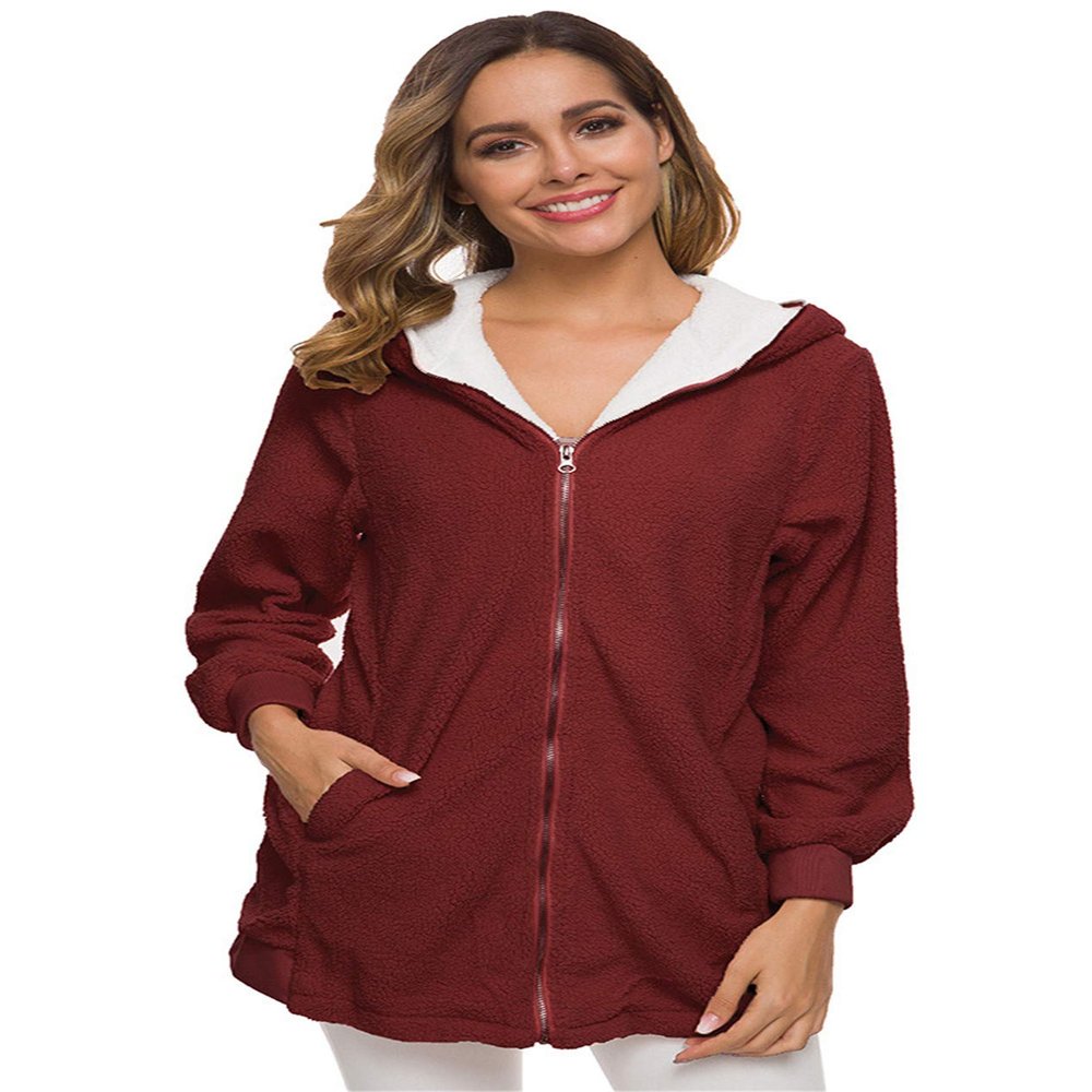 Andongnywell Women Plus Size Winter Warm Hoodie Coat Wool Zipper Cotton Outwear Lamb Wool Hooded Cardigan Jacket (Red Wine,L)