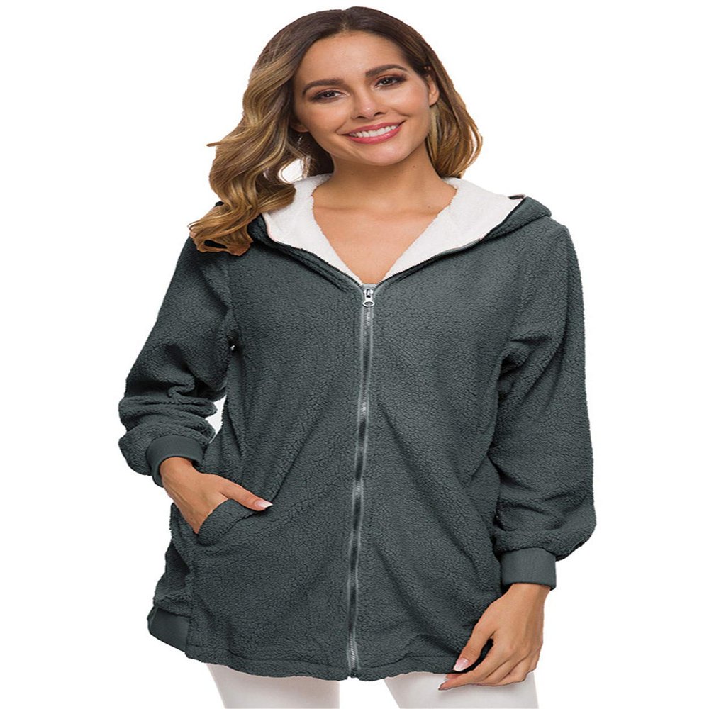 Andongnywell Women Plus Size Winter Warm Hoodie Coat Wool Zipper Cotton Outwear Lamb Wool Hooded Cardigan Jacket (Dark Gray,S)