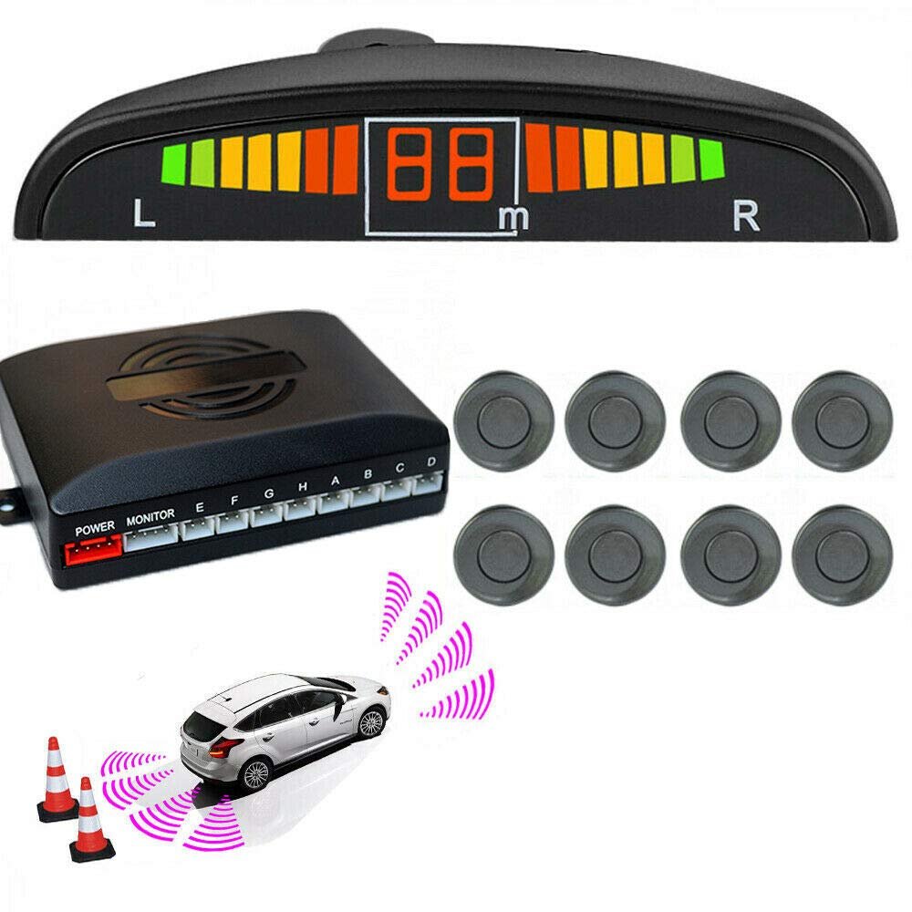 TOTMOX Car Reverse Parking Radar System 8 Reversing Sensors Kit with Front and Rear Alarm Buzzer Reminder LED Display Safe Driving, Car Parking Sensor, Gray