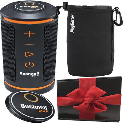 Bushnell Wingman GPS Golf Speaker Gift Box Bundle - Bluetooth Music & Audible GPS Distances - Perfect Golf Gift - includes Wingman, Protective Wingman Pouch, Gift Box, Red Bow