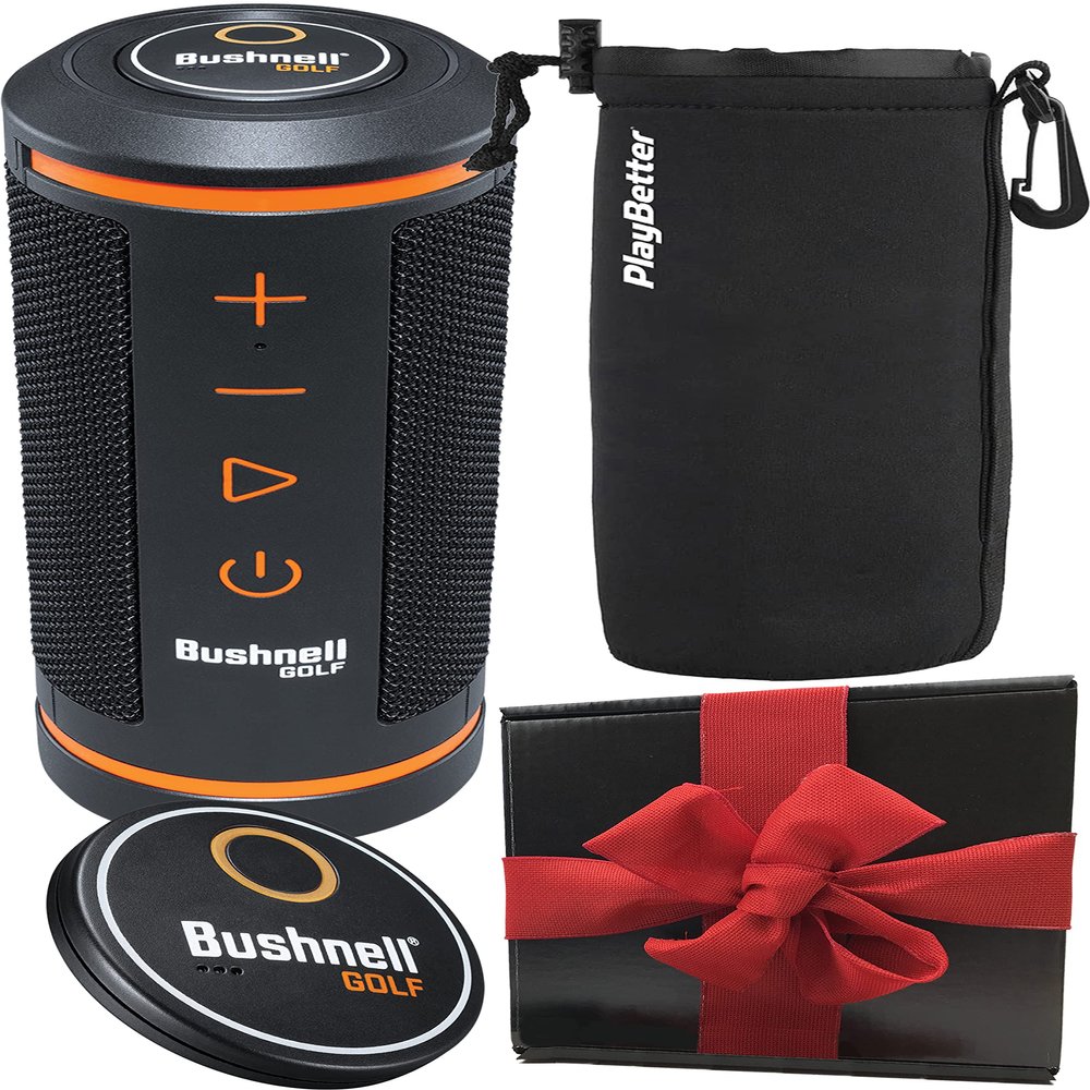 Bushnell Wingman GPS Golf Speaker Gift Box Bundle - Bluetooth Music & Audible GPS Distances - Perfect Golf Gift - includes Wingman, Protective Wingman Pouch, Gift Box, Red Bow